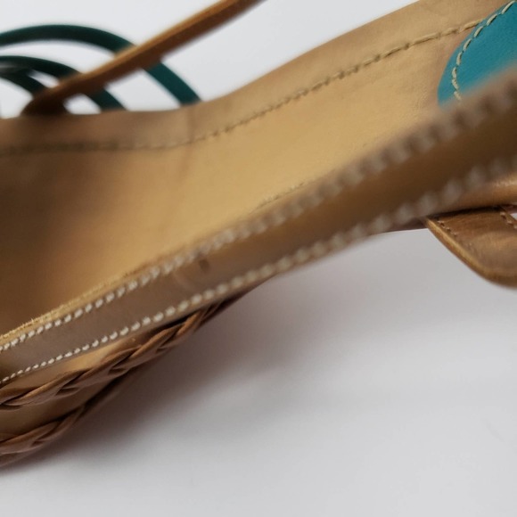 Prada Brown Braided Woven Leather Teal Green Rubber Strappy Sandals 37.5 - Picture 6 of 7
